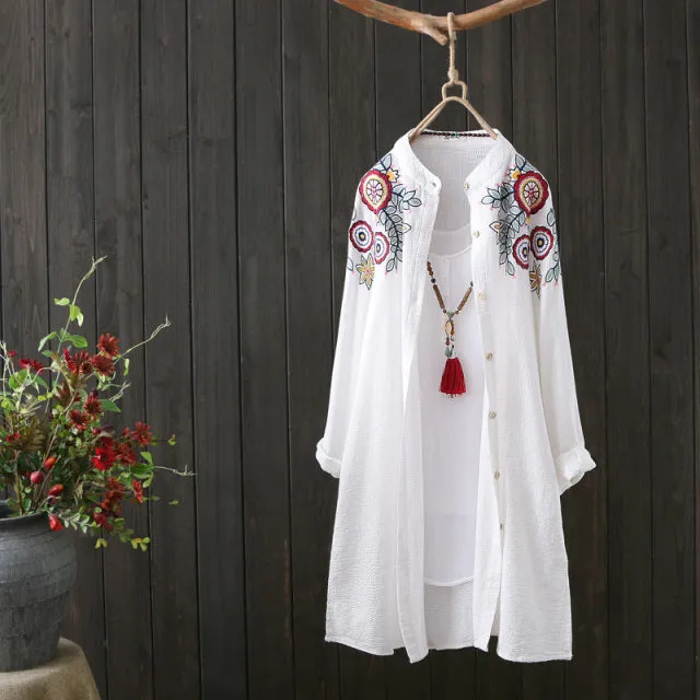 White Shirt 100% Cotton Embroidery Long Sleeve Button Up Blouse Loose Top Casual Wear