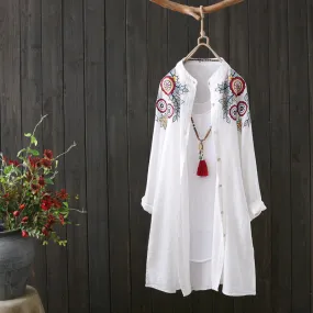 White Shirt 100% Cotton Embroidery Long Sleeve Button Up Blouse Loose Top Casual Wear