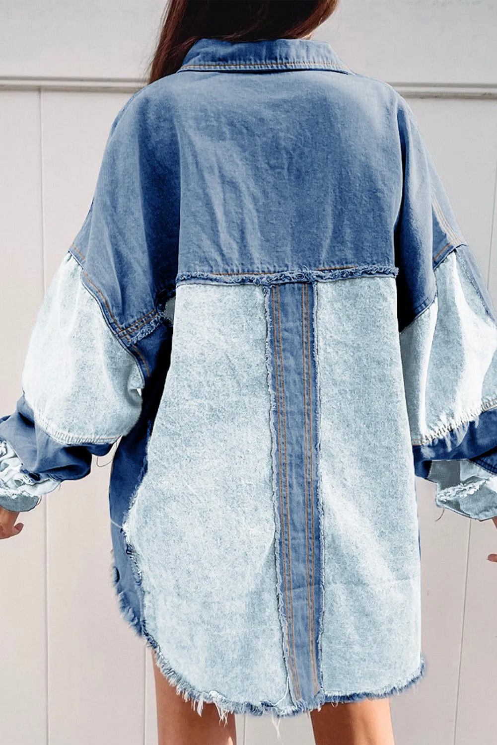 Wholesale Dark Blue Patchwork Raw Hem Oversized Denim Shacket