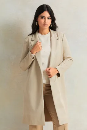 Women Beige Suede Front Open Long Jacket