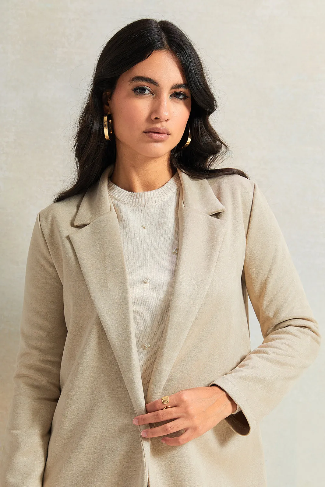 Women Beige Suede Front Open Long Jacket