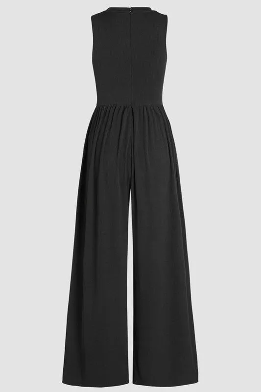 Women Cinched Waist Sleeveless Wide Leg Jumpsuit