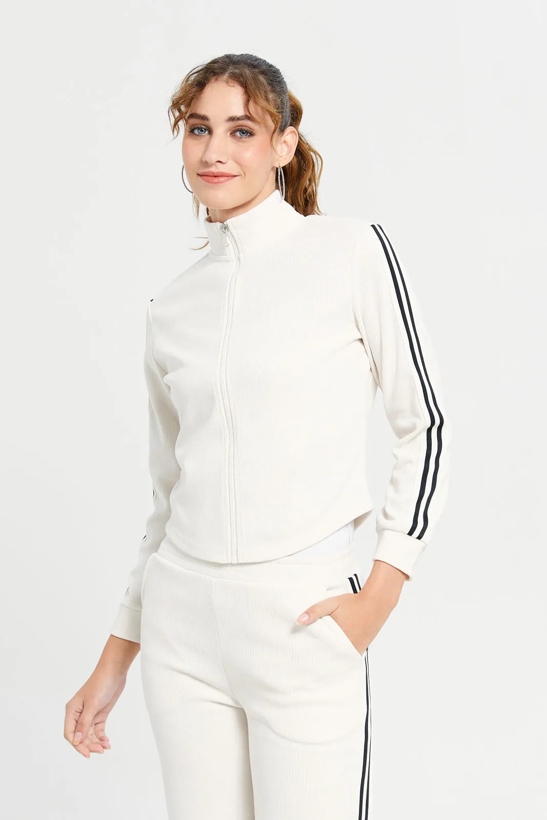 Women Ivory Contrast High Neck Zip Through Jacket