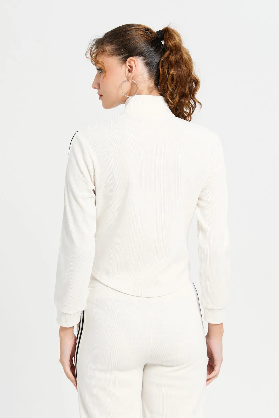 Women Ivory Contrast High Neck Zip Through Jacket