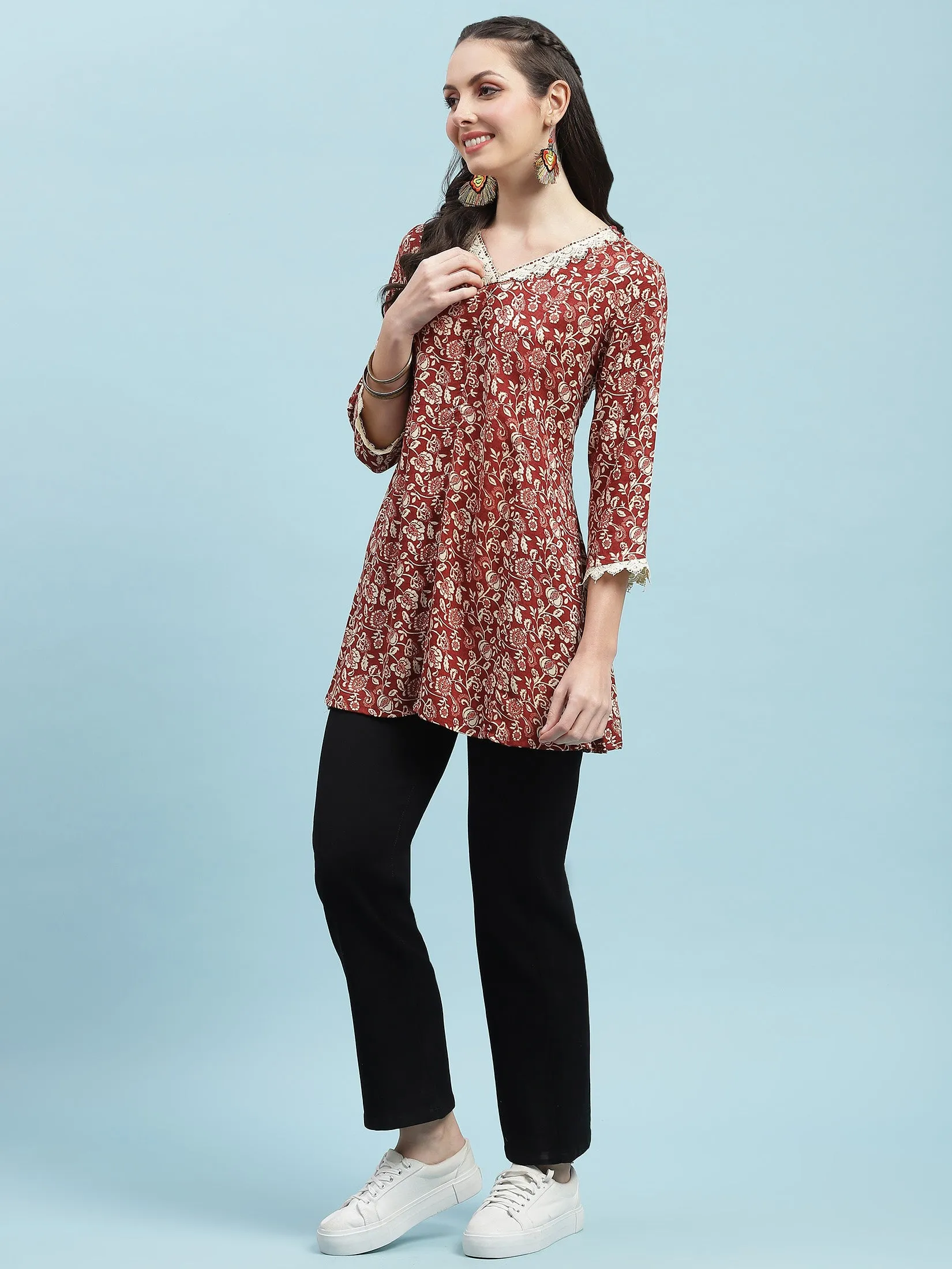 Women Maroon Floral Printed Tunic