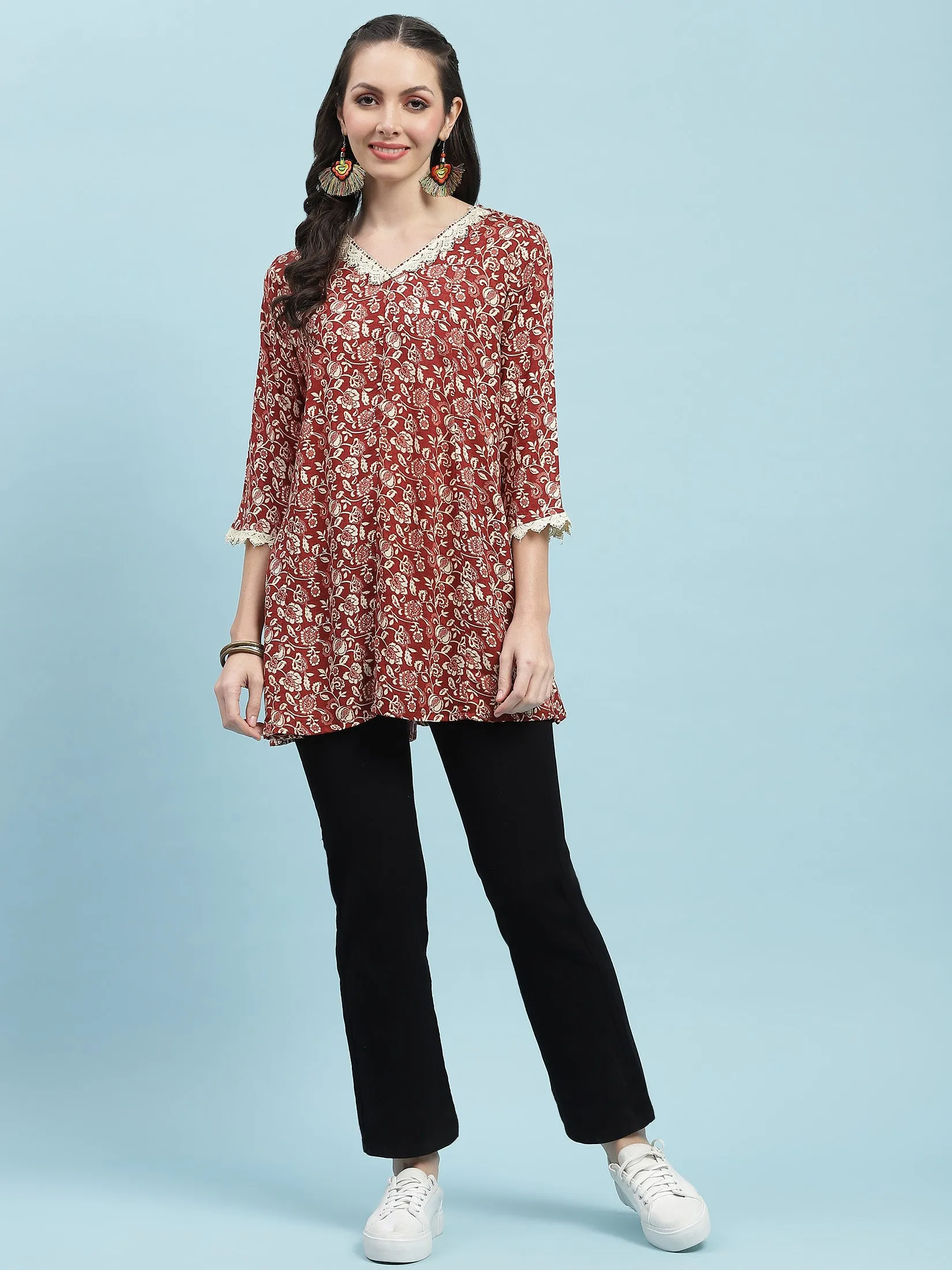 Women Maroon Floral Printed Tunic