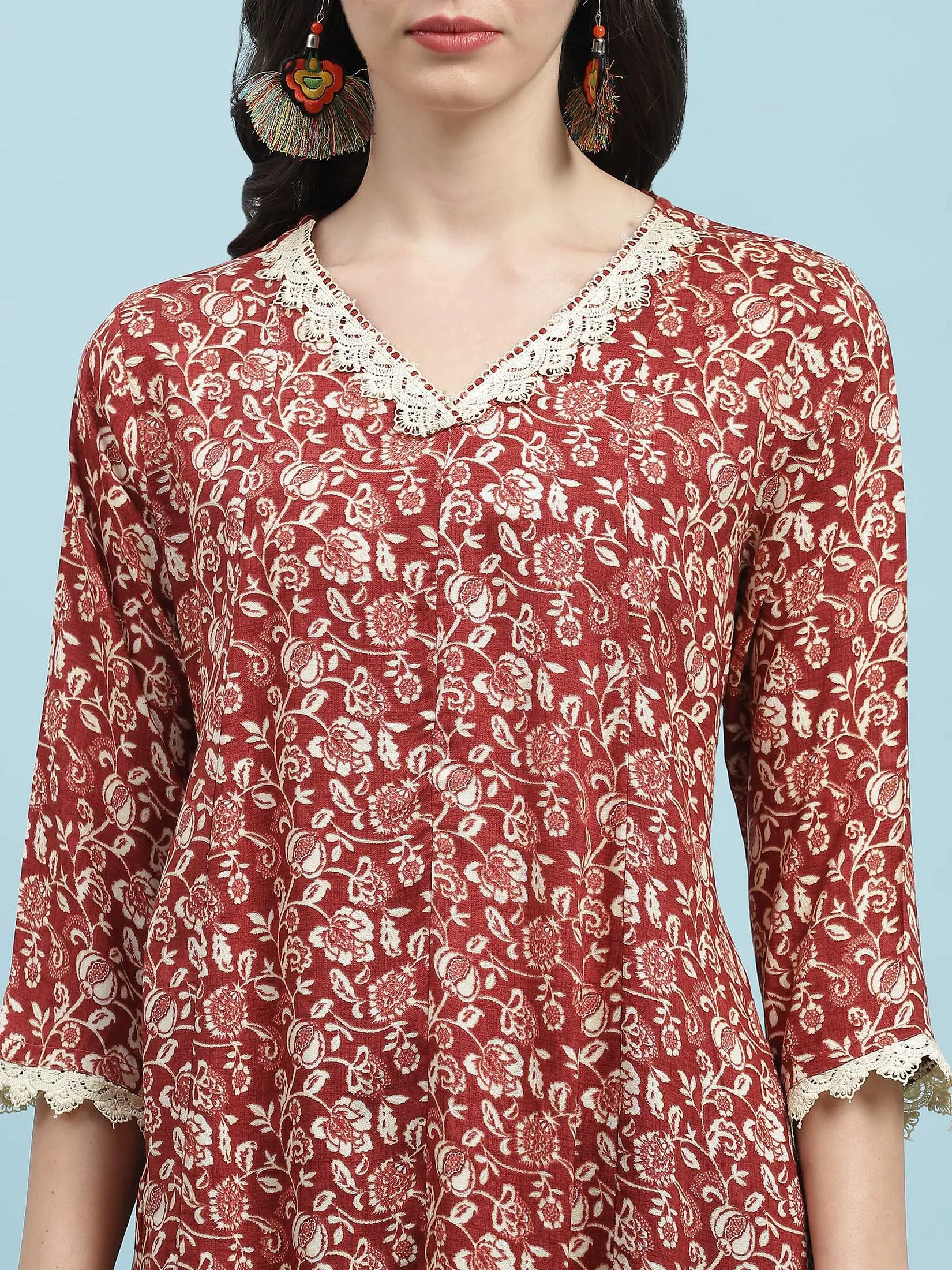 Women Maroon Floral Printed Tunic