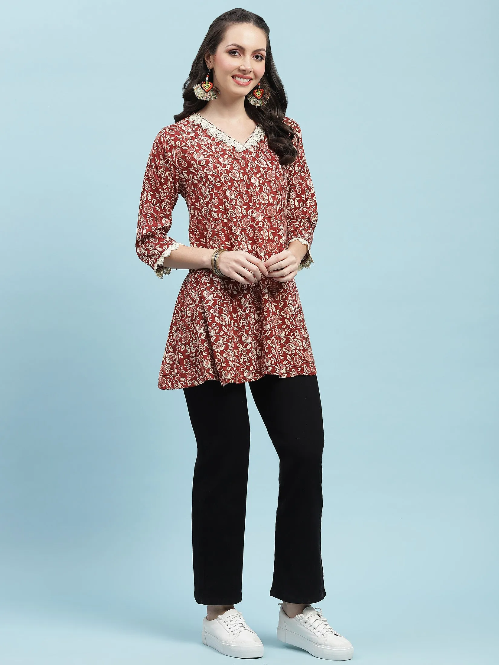 Women Maroon Floral Printed Tunic