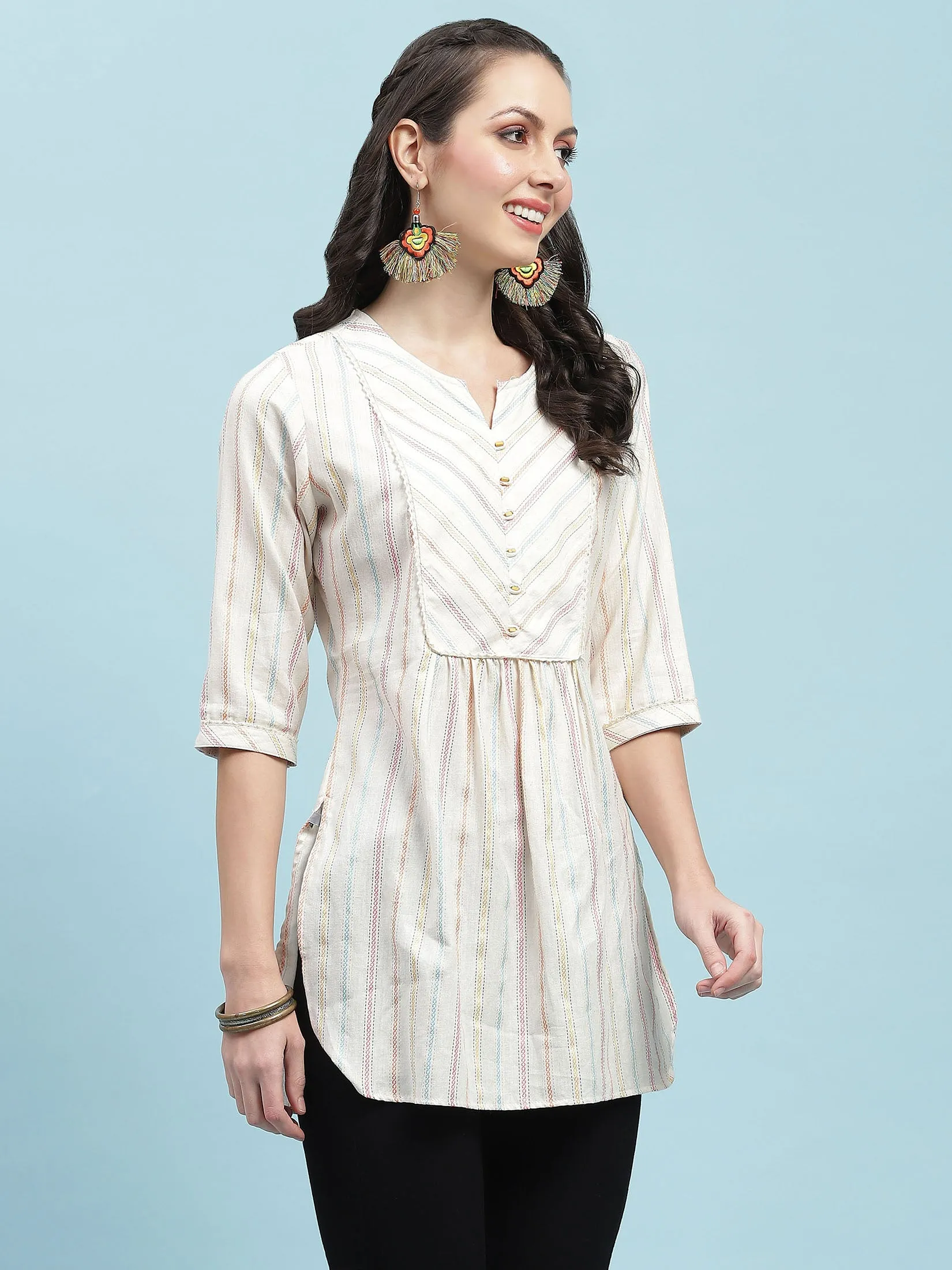 Women Off White Stripe Printed Tunic