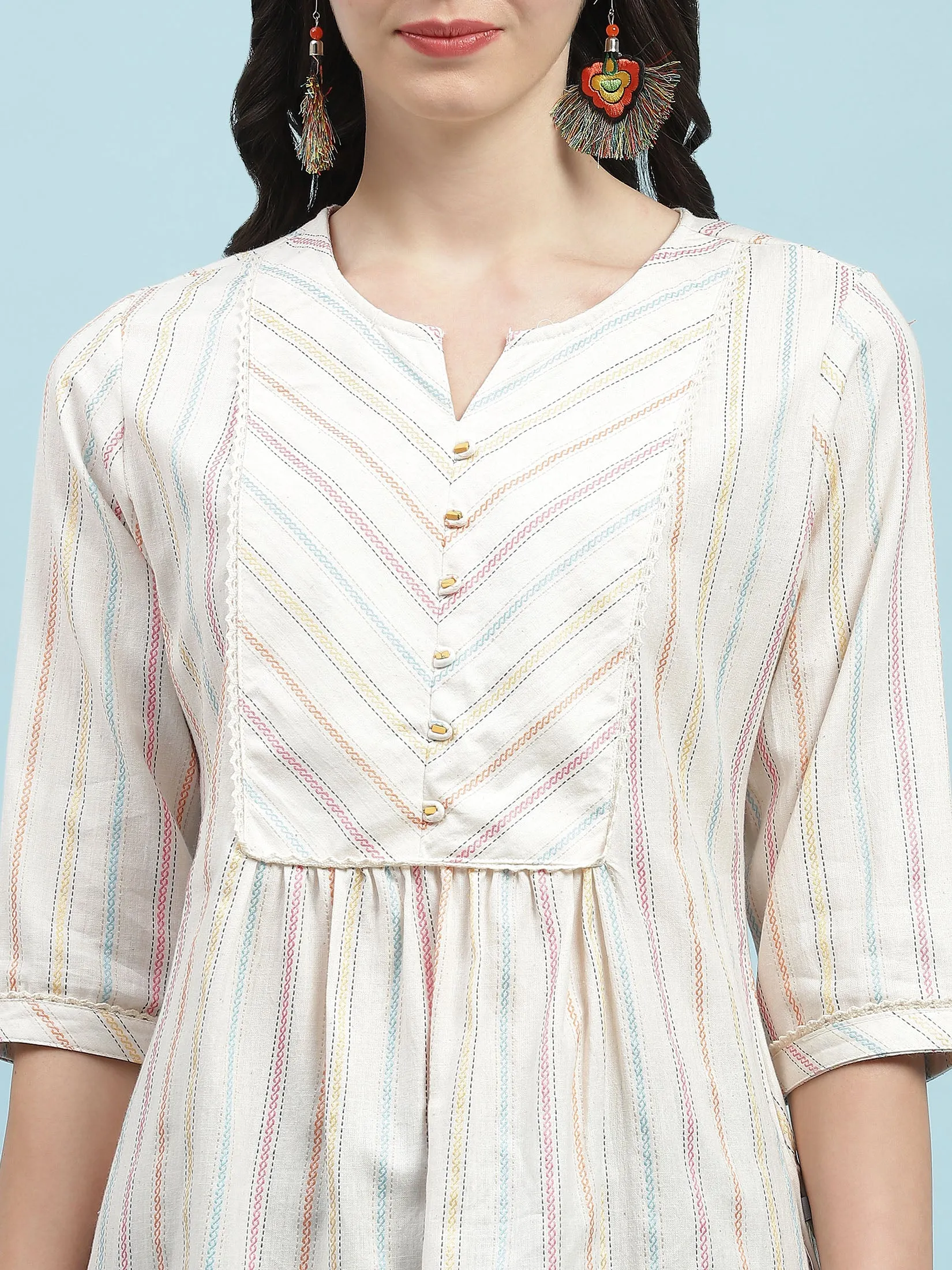 Women Off White Stripe Printed Tunic