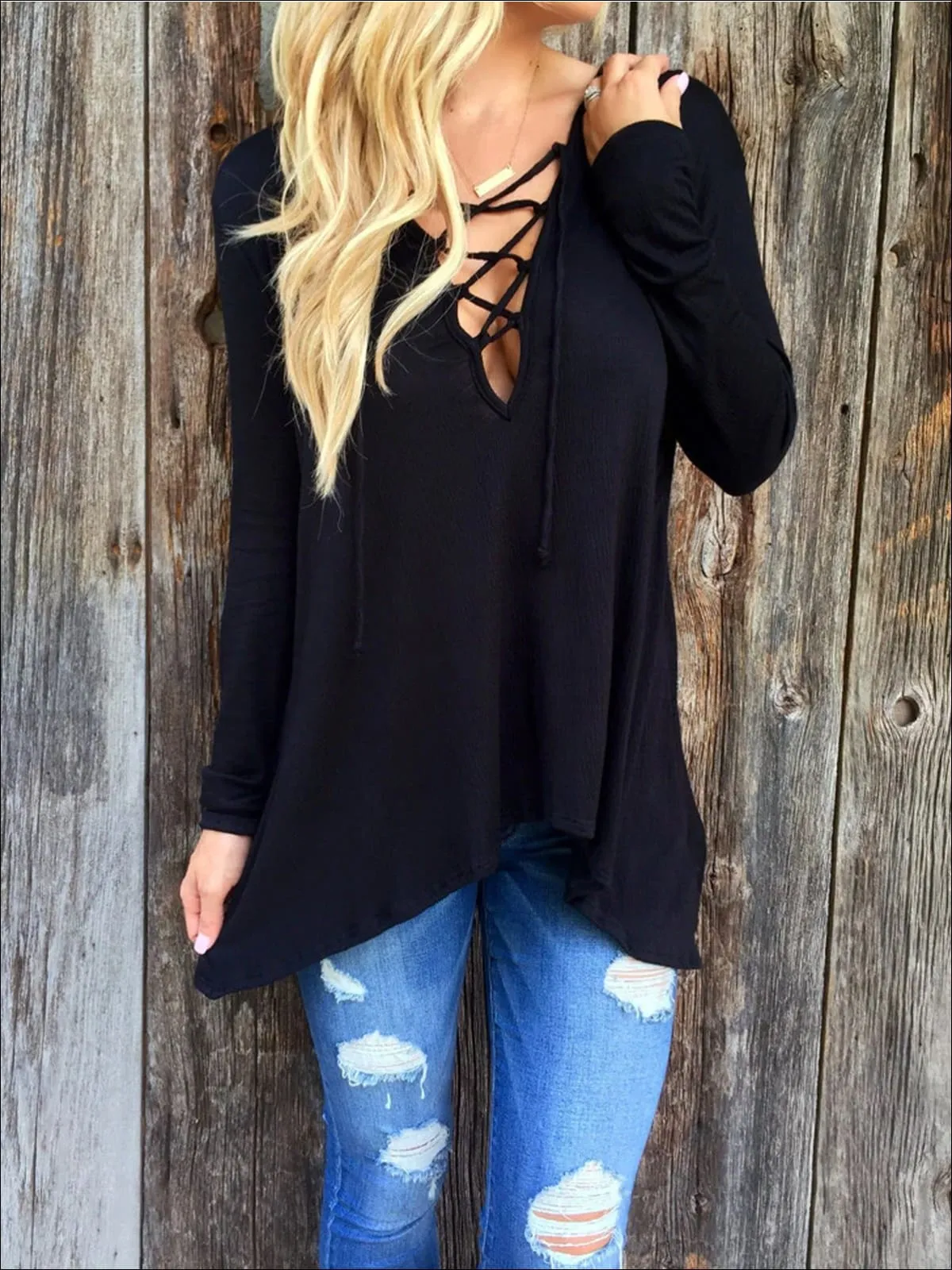 Women's Black Long Sleeve Criss Cross Neck Deep V Tunic