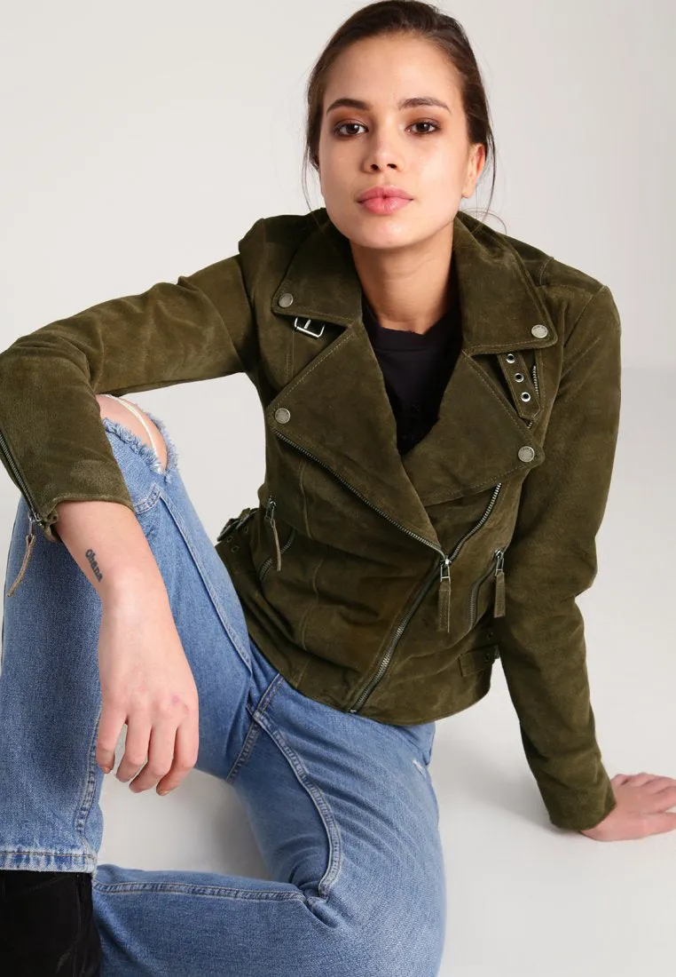 Women’s Green Suede Leather Biker Jacket