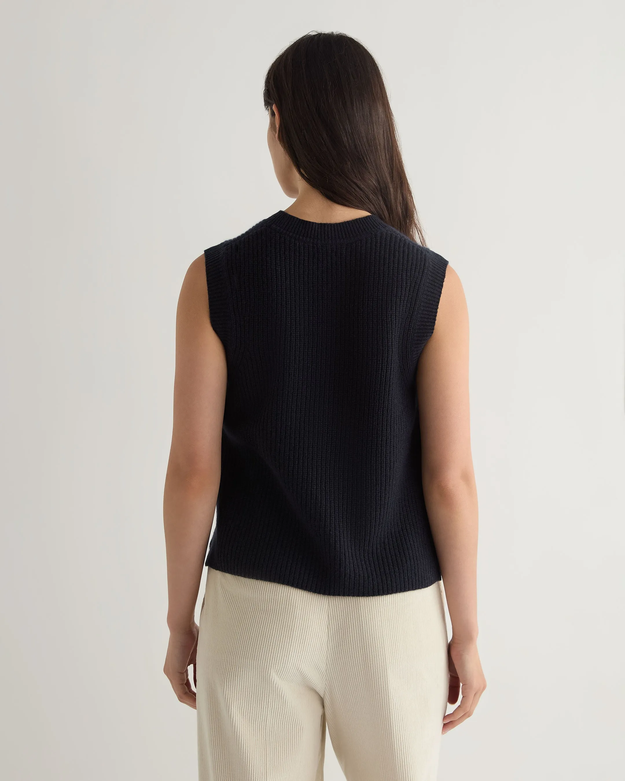 Women's Rib Round Neck Cashmere Tank Top Navy Blue