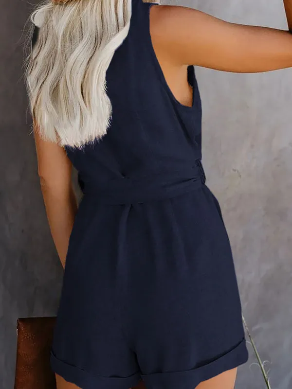 Woven V-Neck Button-Up Sleeveless Jumpsuit