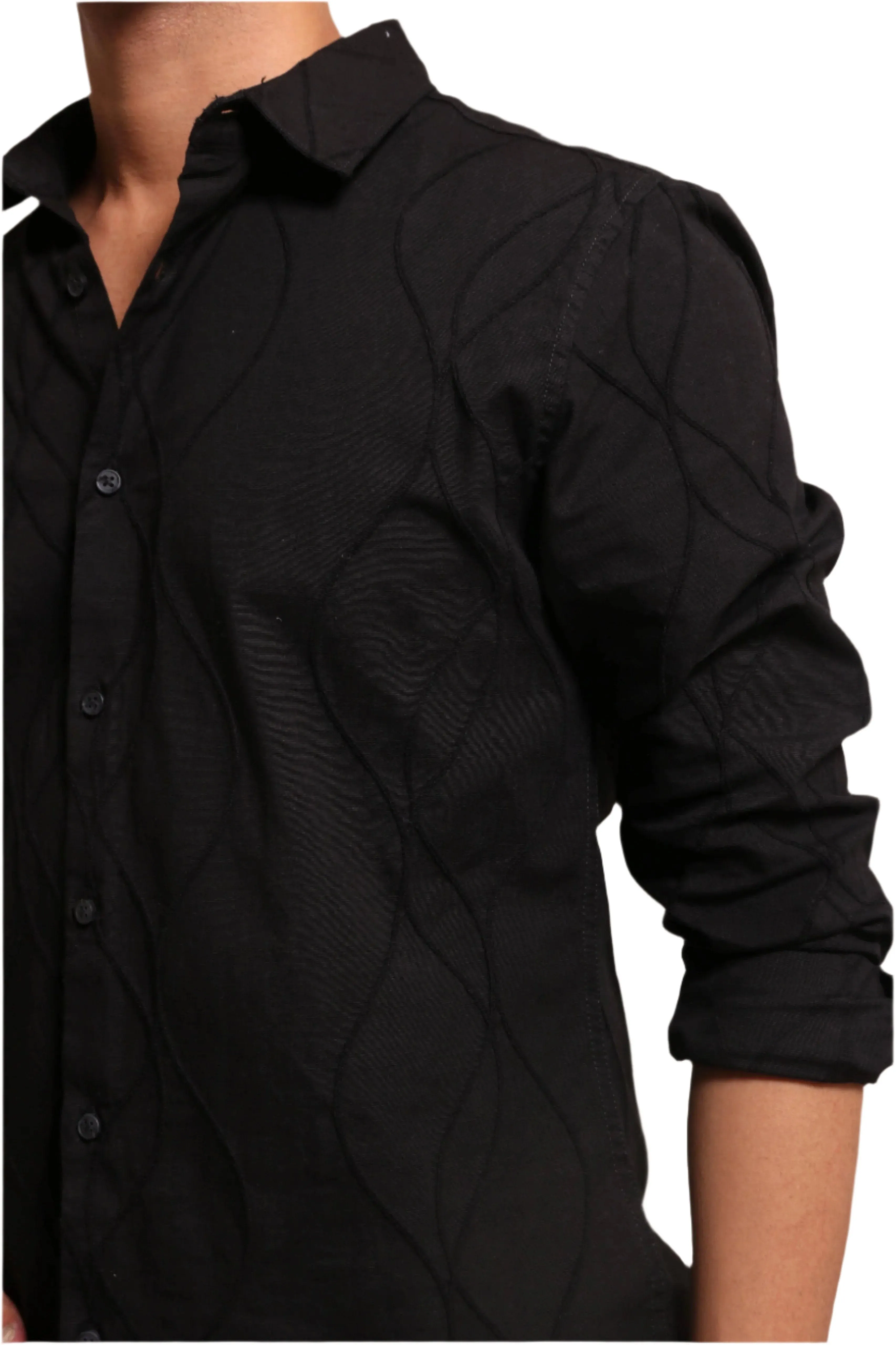 XKIND MEN'S BLACK EMBROIDERY FULL SLEEVE SLIM FIT SHIRT