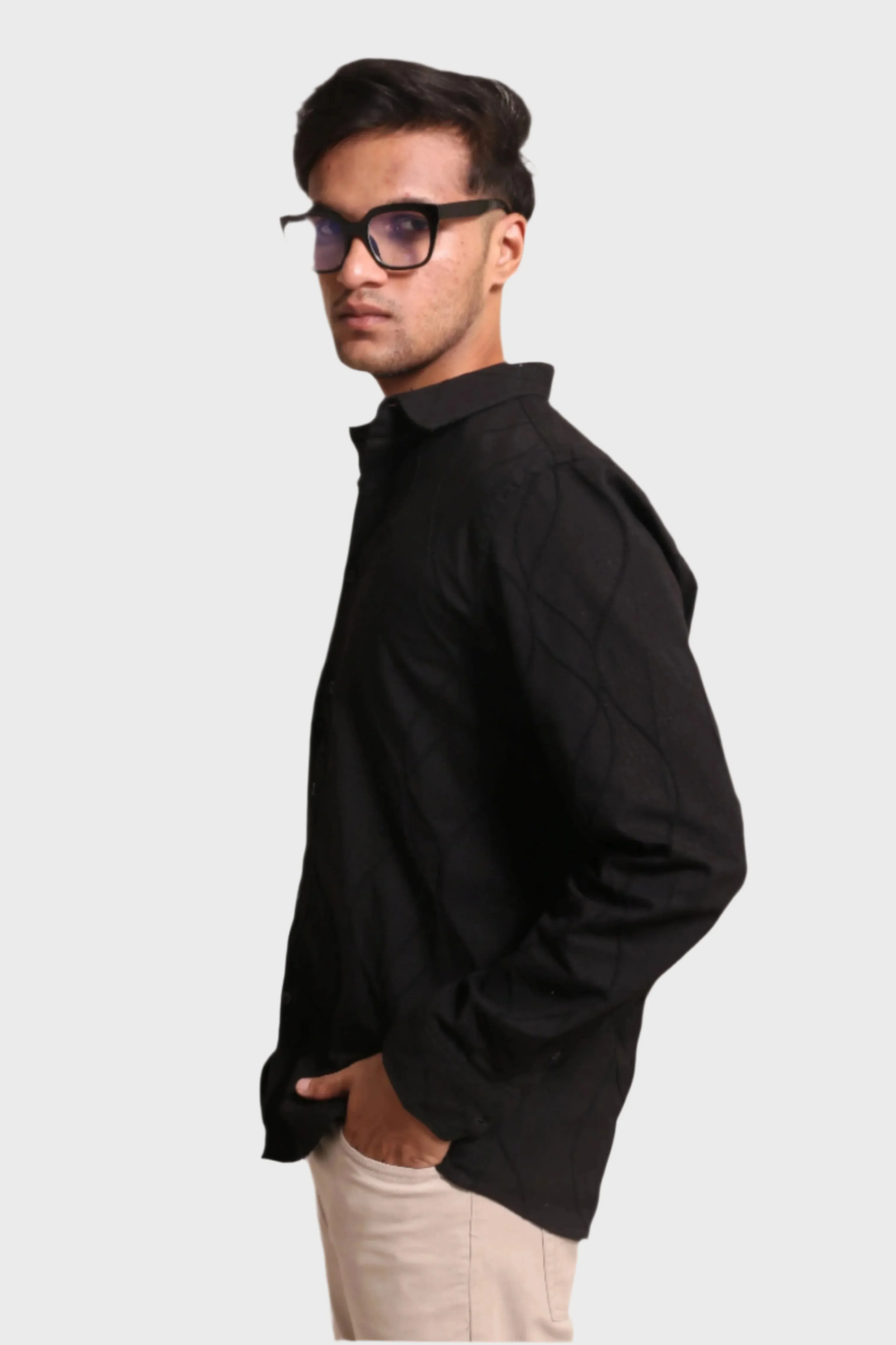 XKIND MEN'S BLACK EMBROIDERY FULL SLEEVE SLIM FIT SHIRT