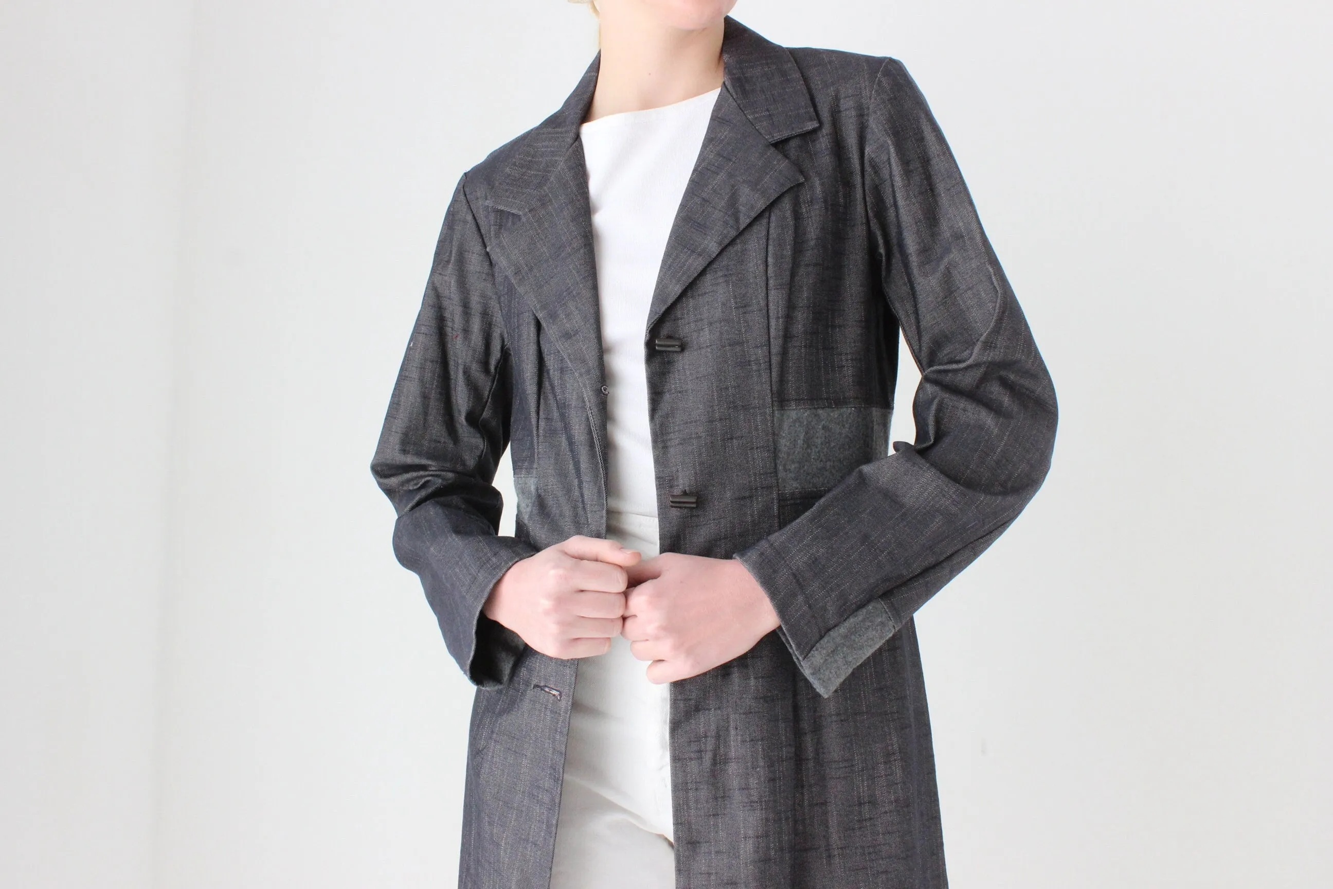 Y2K Techno / Rave Grey Blue Denim Trench Coat