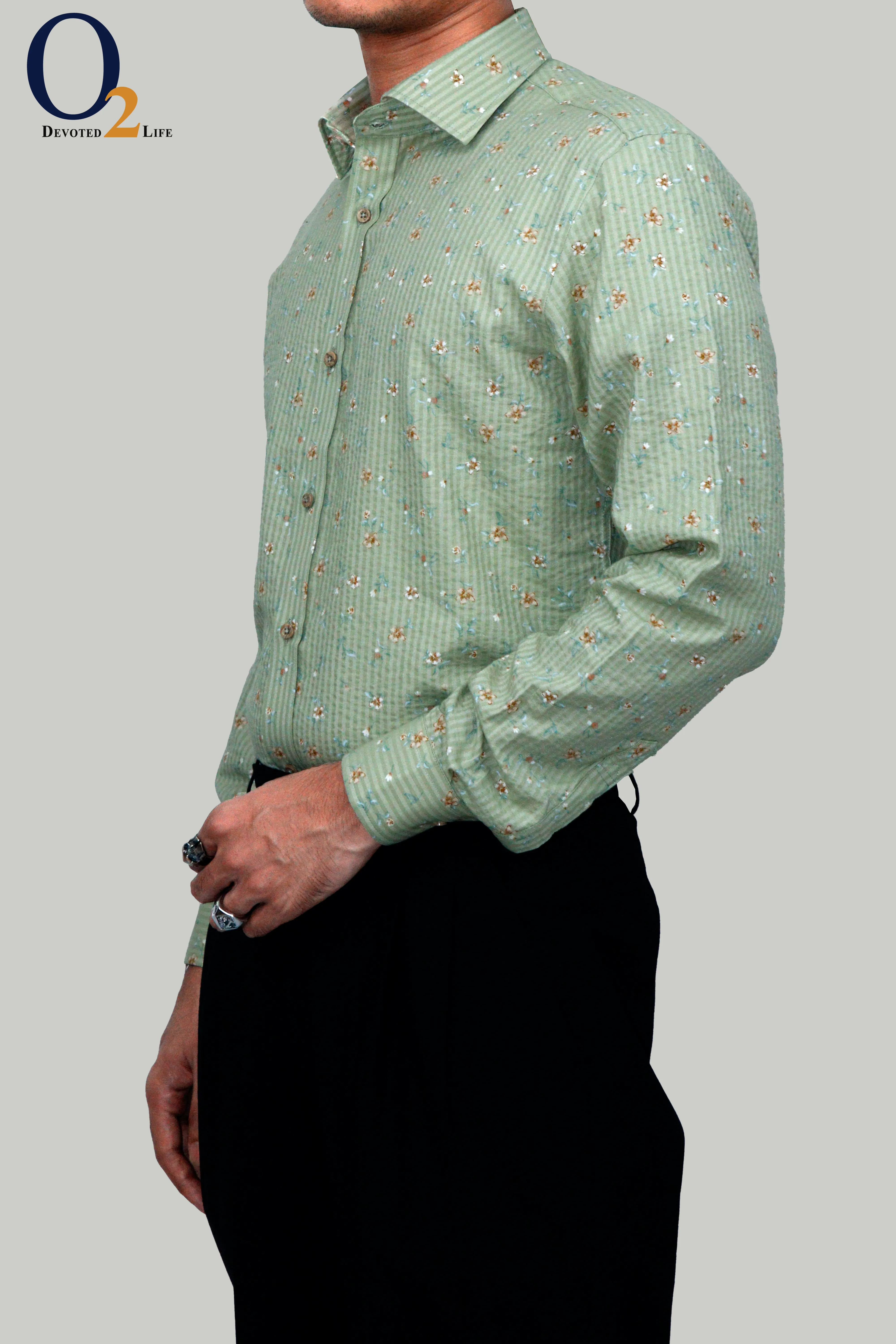 YHA Mens Olive Green Printed Cotton Shirt